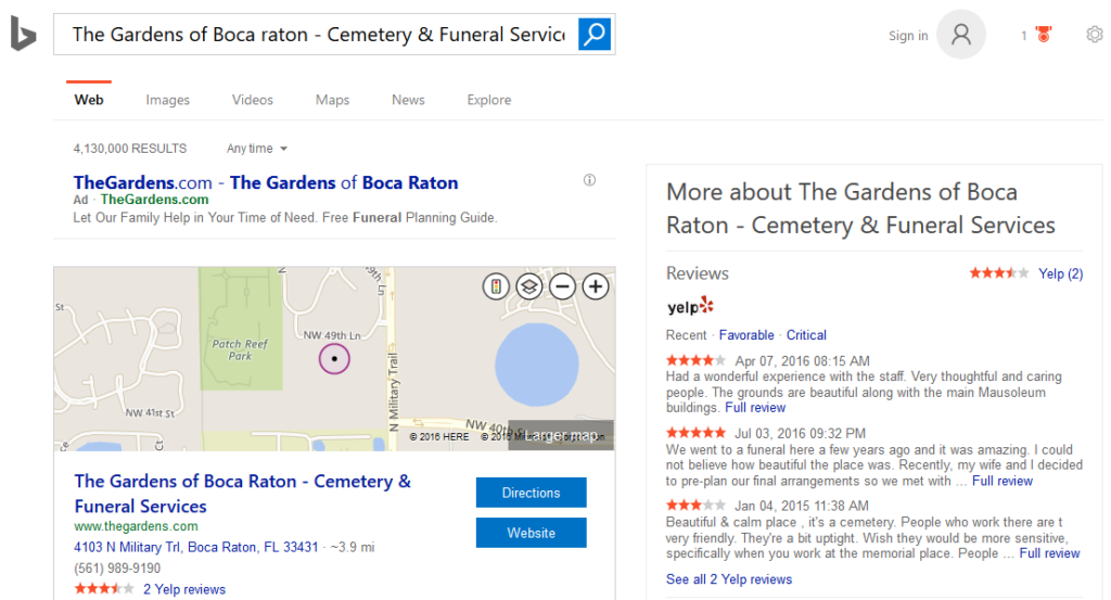 Yelp reviews on Bing